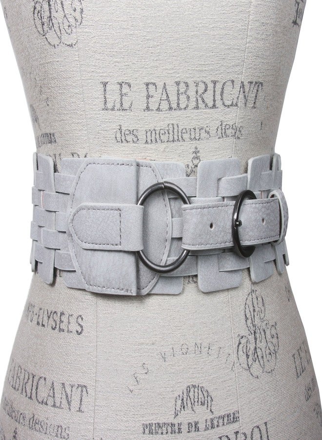 Beltiscool 3" (75 mm) Wide High Waist Fashion Ring Fold Braided Stretch Belt, Light Grey | M/L 31''~34" - Image 2